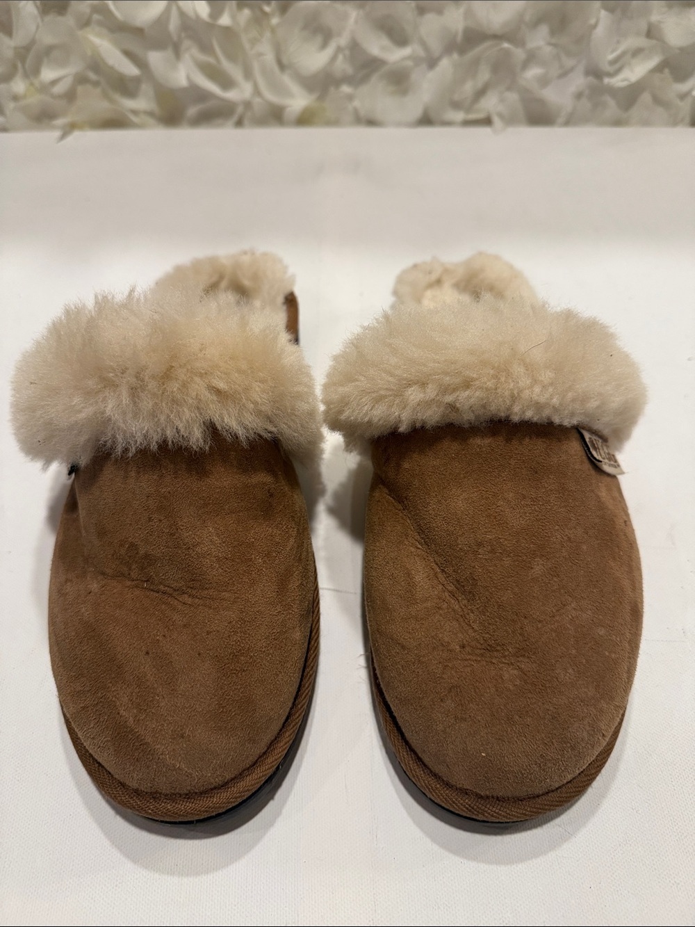 UGG Chestnut Suede Shearling Clog Slippers with Cream Fur Trim